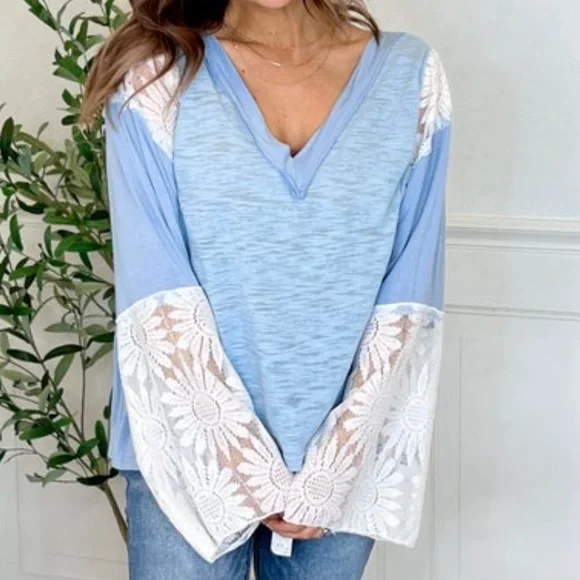 Pol V- neck, Floral Lace Sleeve Top - Picture 2 of 4